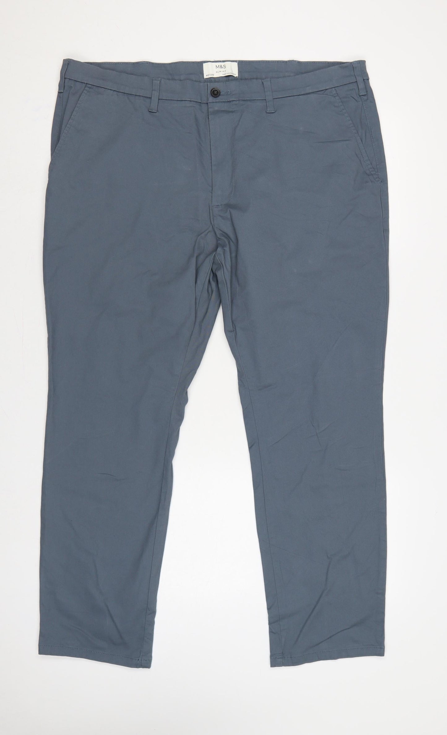 Marks and Spencer Men's Blue 40/29 Slim Fit Cotton Chino Trousers