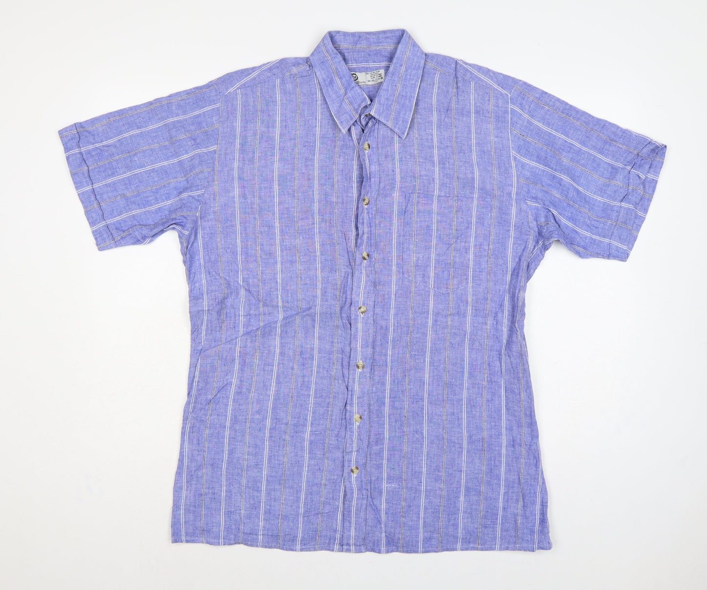 C&A Men Blue 16.5 Cotton Striped Short Sleeve Button-Up Shirt