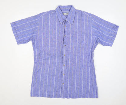 C&A Men Blue 16.5 Cotton Striped Short Sleeve Button-Up Shirt