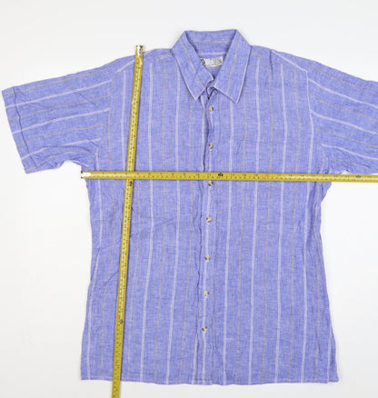 C&A Men Blue 16.5 Cotton Striped Short Sleeve Button-Up Shirt