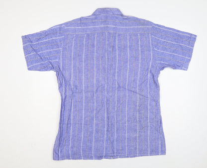 C&A Men Blue 16.5 Cotton Striped Short Sleeve Button-Up Shirt