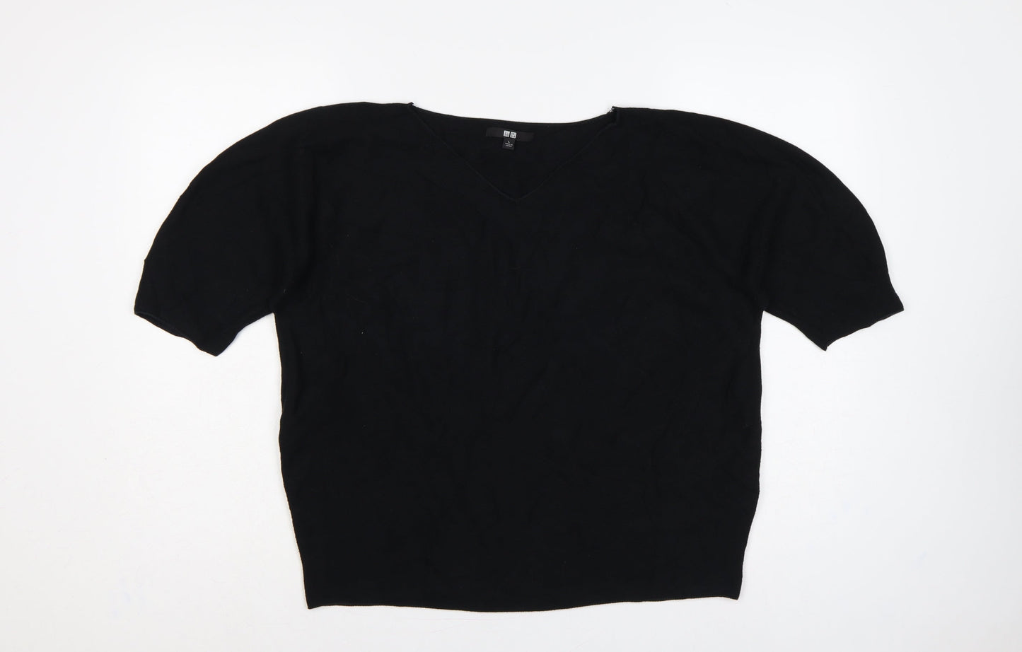 Uniqlo Women Black L V-Neck Short Sleeve Cotton Knit Pullover Jumper