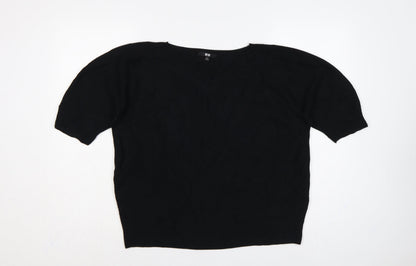 Uniqlo Women Black L V-Neck Short Sleeve Cotton Knit Pullover Jumper