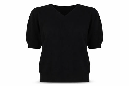 Uniqlo Women Black L V-Neck Short Sleeve Cotton Knit Pullover Jumper