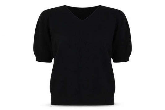 Uniqlo Women Black L V-Neck Short Sleeve Cotton Knit Pullover Jumper