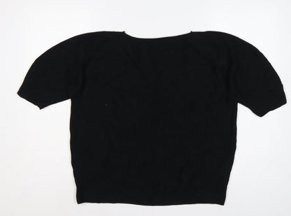 Uniqlo Women Black L V-Neck Short Sleeve Cotton Knit Pullover Jumper