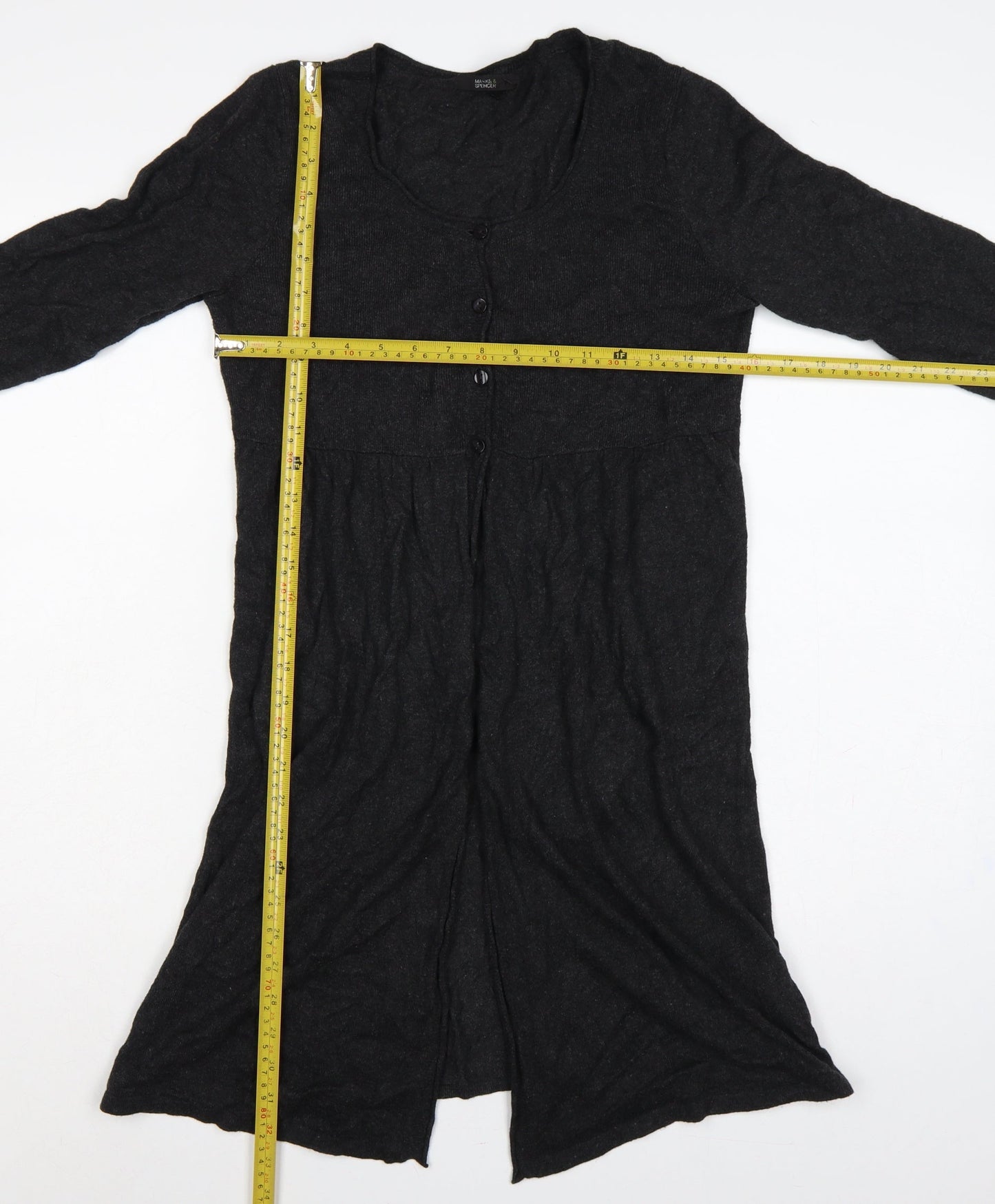 Marks and Spencer Women Black Size 10 V-Neck Longline Button Cardigan