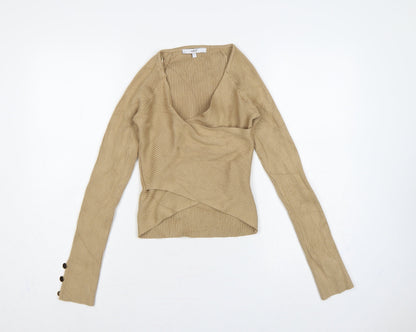 Next Women Beige S Rib Knit Wrap V-Neck Long Sleeve Jumper