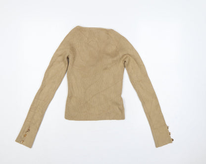 Next Women Beige S Rib Knit Wrap V-Neck Long Sleeve Jumper