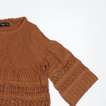 MNG Women Brown M Open Knit 3/4 Bell Sleeve Pullover Jumper