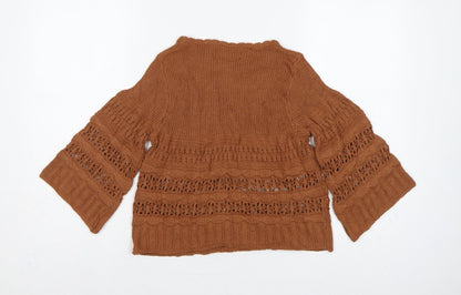 MNG Women Brown M Open Knit 3/4 Bell Sleeve Pullover Jumper