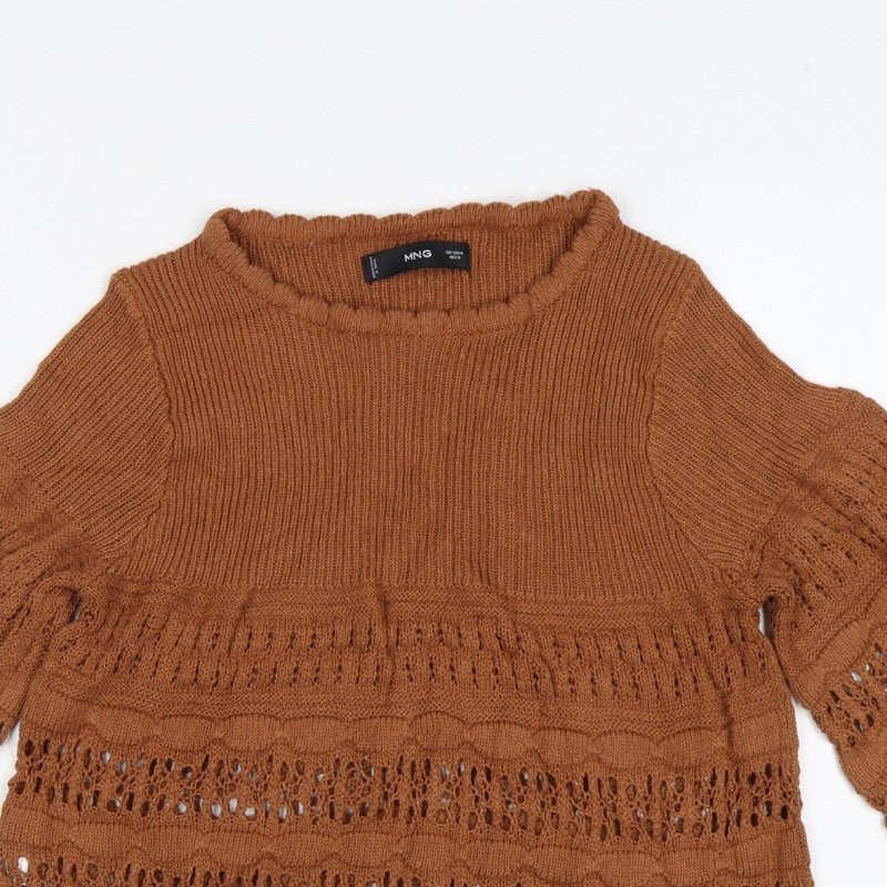 MNG Women Brown M Open Knit 3/4 Bell Sleeve Pullover Jumper