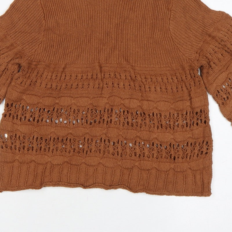 MNG Women Brown M Open Knit 3/4 Bell Sleeve Pullover Jumper