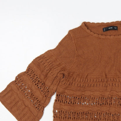 MNG Women Brown M Open Knit 3/4 Bell Sleeve Pullover Jumper