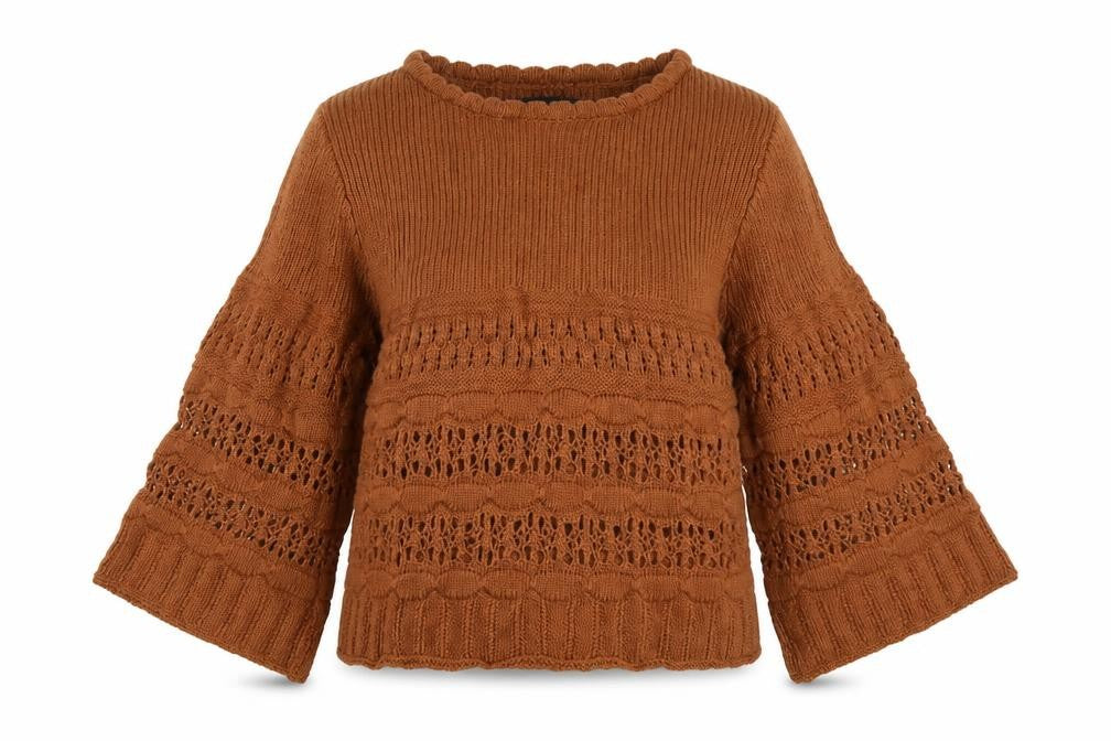 MNG Women Brown M Open Knit 3/4 Bell Sleeve Pullover Jumper