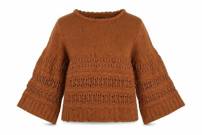 MNG Women Brown M Open Knit 3/4 Bell Sleeve Pullover Jumper