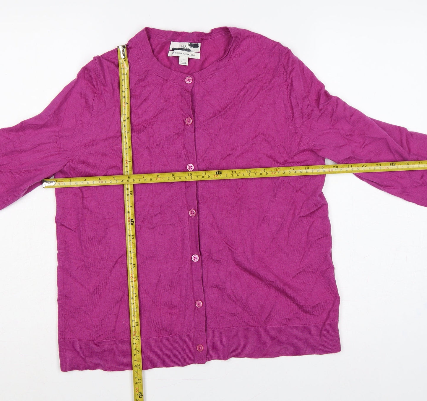 Marks and Spencer Women Pink Merino Wool Size 14 Round Neck Cardigan
