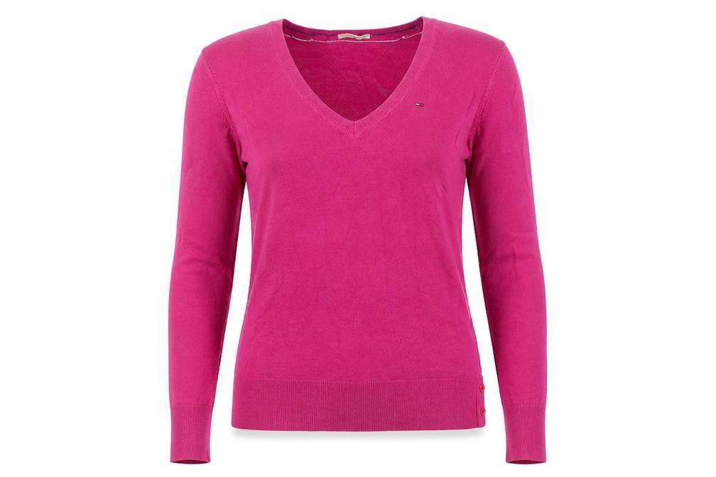 Front view of Hilfiger Denim Men’s Pink XS V-Neck Fine Knit Logo jumper