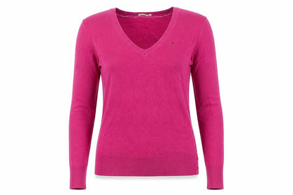 Front view of Hilfiger Denim Men’s Pink XS V-Neck Fine Knit Logo jumper