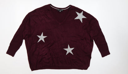 DKNY Jeans Women Red M V-Neck 3/4 Sleeve Silver Star Knit Jumper