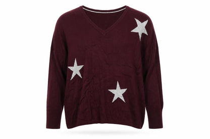 DKNY Jeans Women Red M V-Neck 3/4 Sleeve Silver Star Knit Jumper