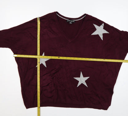 DKNY Jeans Women Red M V-Neck 3/4 Sleeve Silver Star Knit Jumper