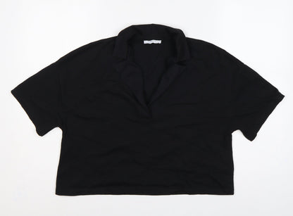 Zara Women Black UK 8 Cotton Collared Short Sleeve Polo Top