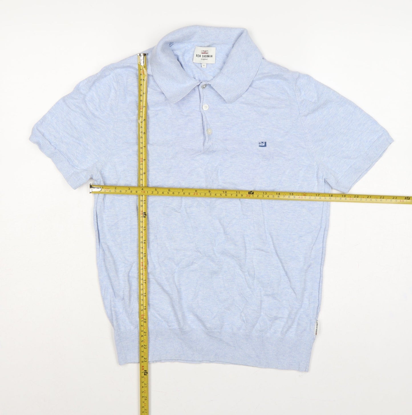 Ben Sherman Men's Blue Cotton Logo Short Sleeve Knit Polo Shirt Size S