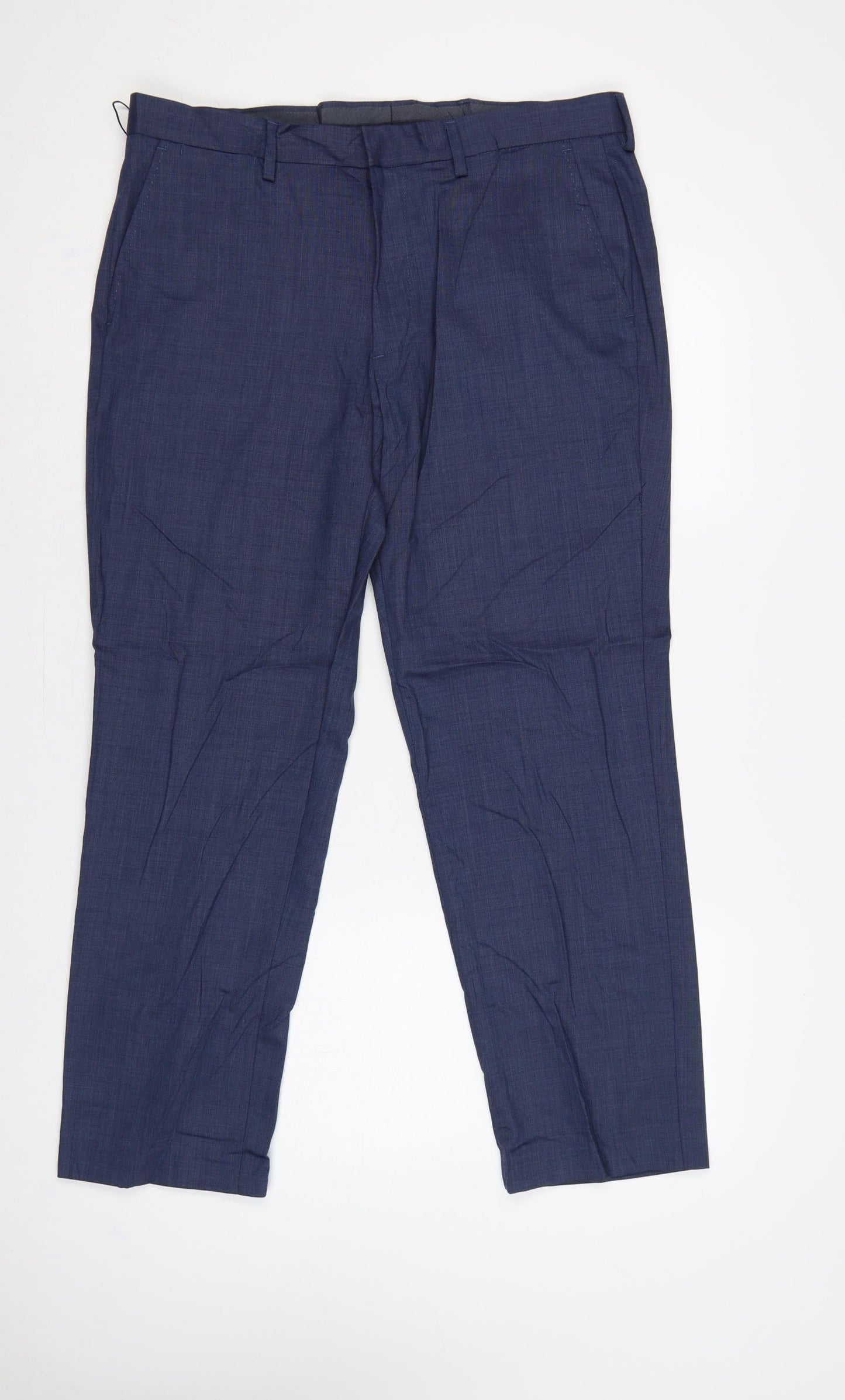 M&S Mens Blue 36in Regular Fit Wool Blend Dress Trousers 29in Short