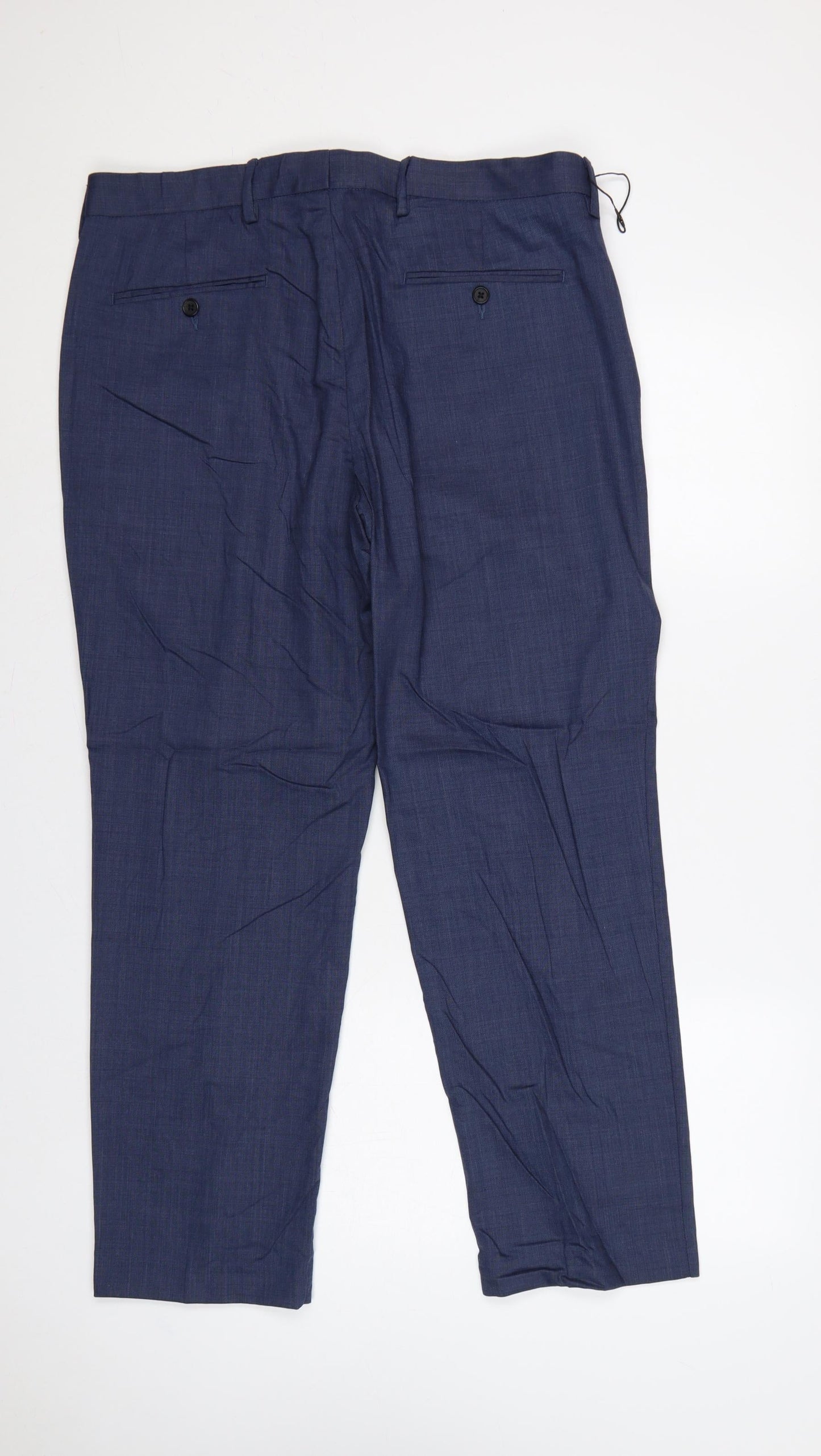 M&S Mens Blue 36in Regular Fit Wool Blend Dress Trousers 29in Short