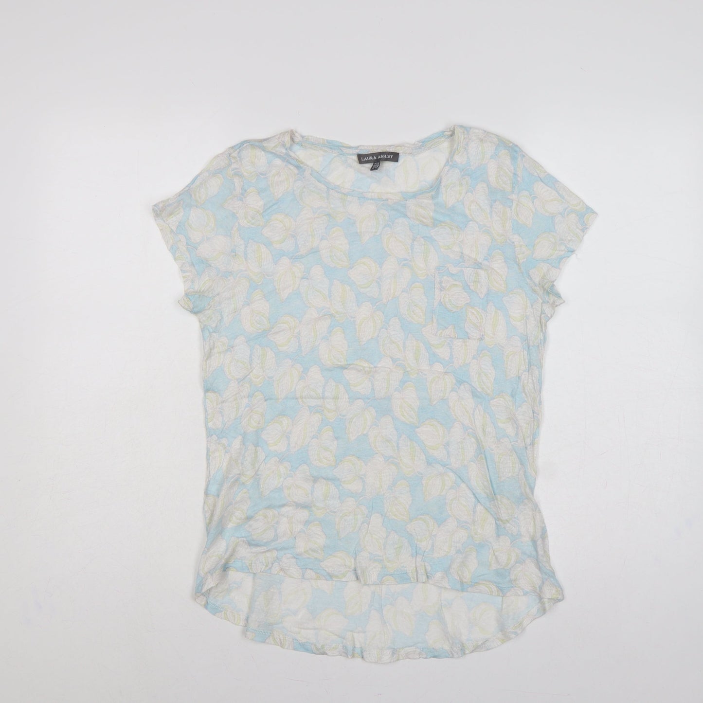 Laura Ashley Women Blue Floral Linen Basic Short Sleeve Top UK 12