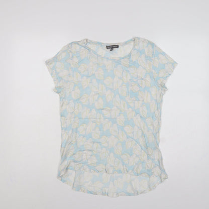 Laura Ashley Women Blue Floral Linen Basic Short Sleeve Top UK 12