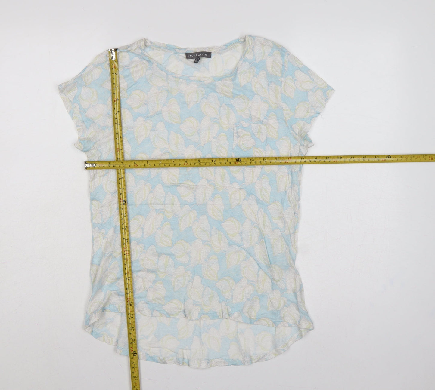 Laura Ashley Women Blue Floral Linen Basic Short Sleeve Top UK 12