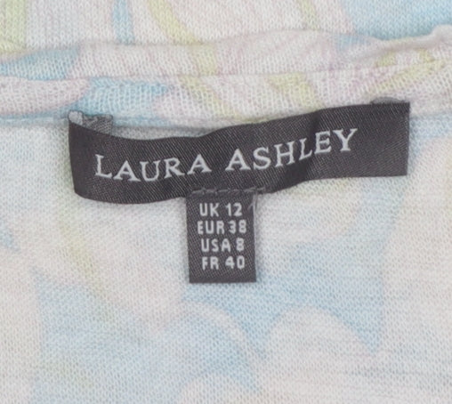 Laura Ashley Women Blue Floral Linen Basic Short Sleeve Top UK 12