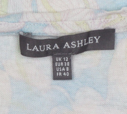 Laura Ashley Women Blue Floral Linen Basic Short Sleeve Top UK 12