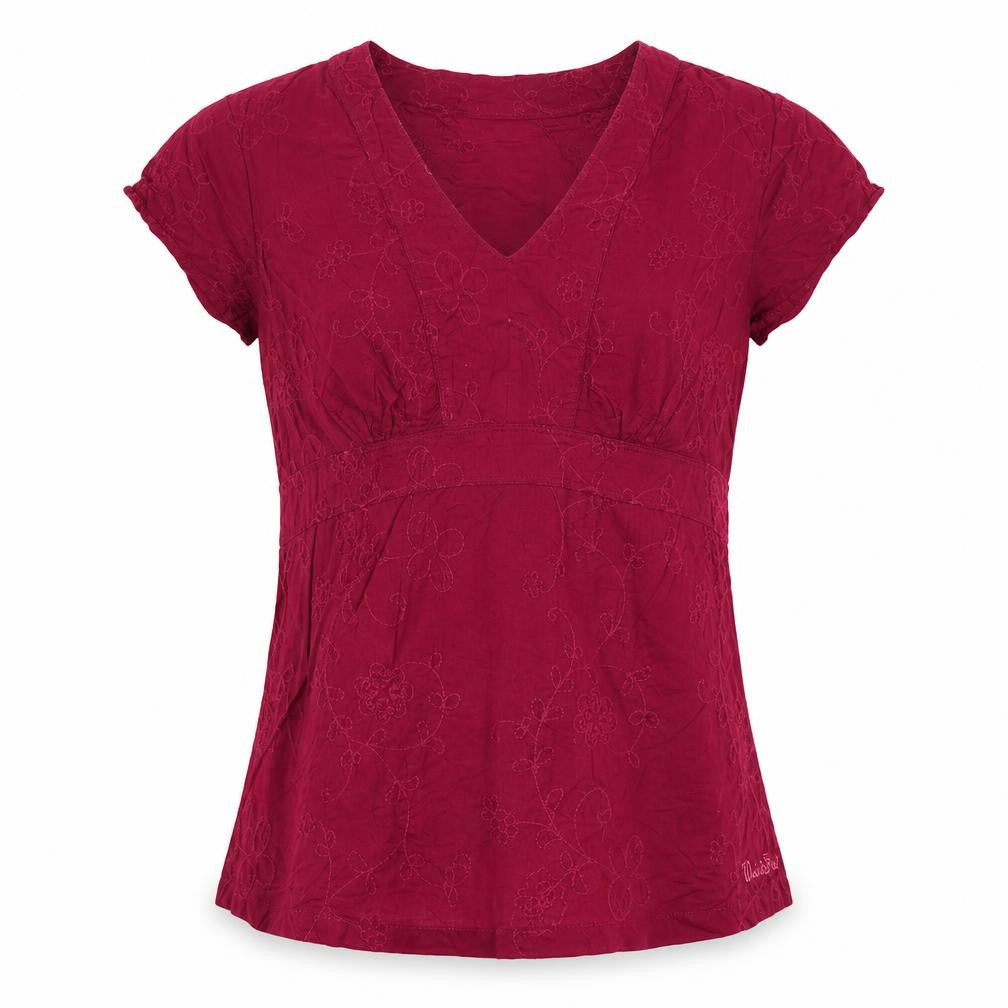 Weird Fish Women Red L Floral Embroidered V-Neck Short Sleeve Blouse