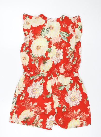 River Island Girls Red Floral Playsuit Age 11 Years Button Front