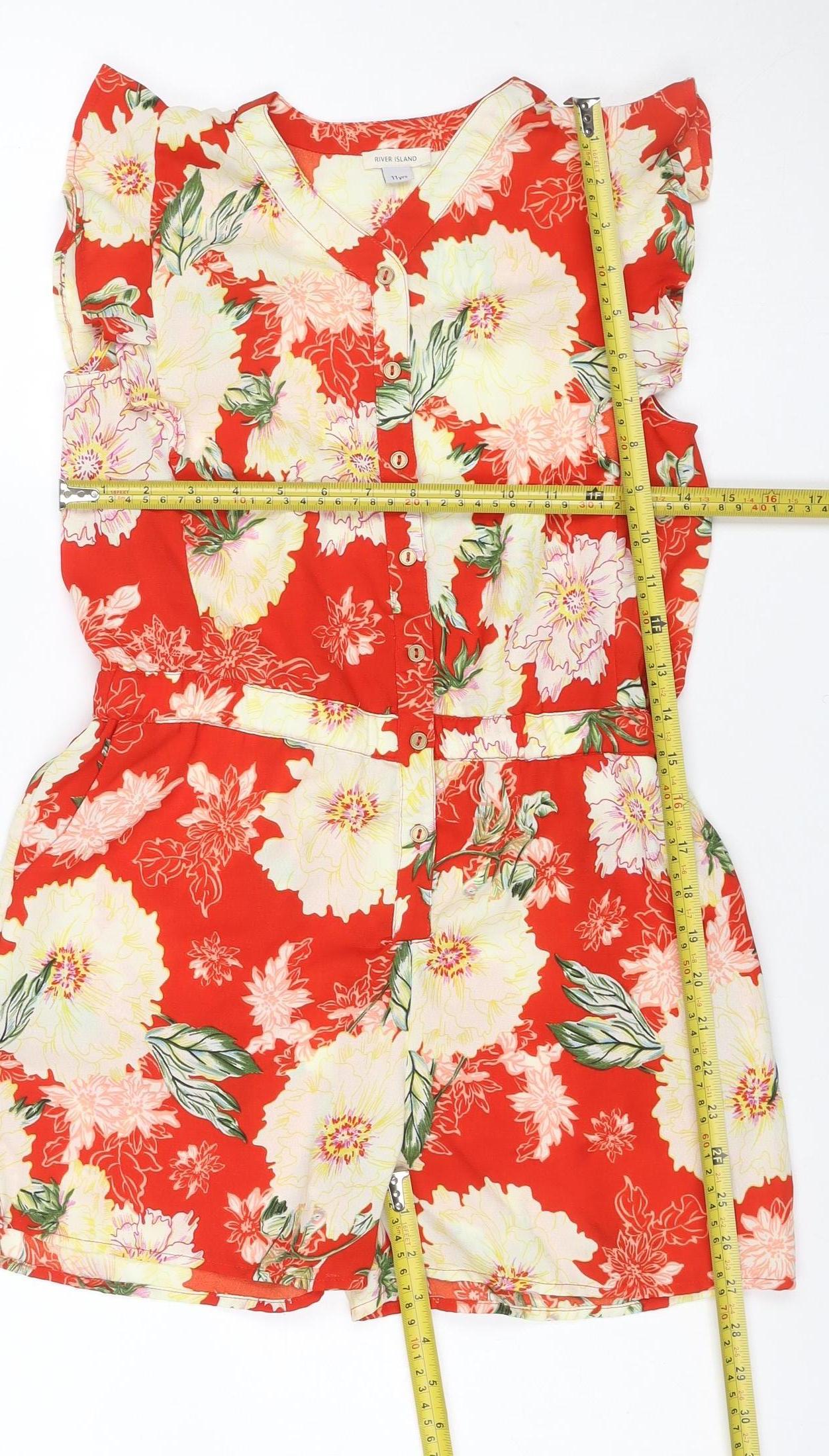 River Island Girls Red Floral Playsuit Age 11 Years Button Front