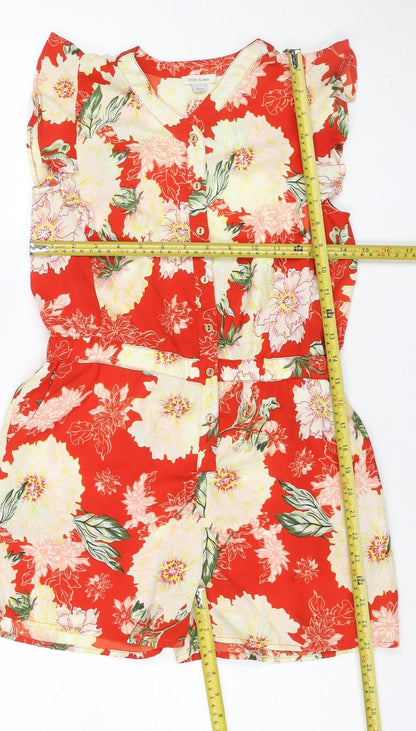 River Island Girls Red Floral Playsuit Age 11 Years Button Front