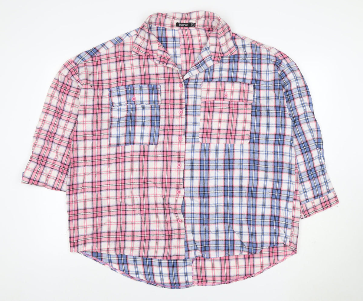 Boohoo Women’s Pink Blue Plaid Button-Up Shirt UK 18 3/4 Sleeve