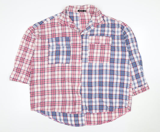 Boohoo Women’s Pink Blue Plaid Button-Up Shirt UK 18 3/4 Sleeve