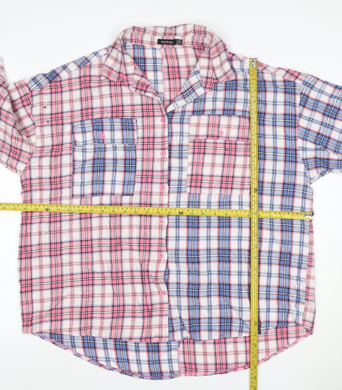 Boohoo Women’s Pink Blue Plaid Button-Up Shirt UK 18 3/4 Sleeve