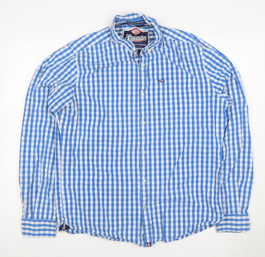Superdry Men’s Blue Check Button-Down Cotton Shirt 2XL Long Sleeve