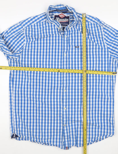 Superdry Men’s Blue Check Button-Down Cotton Shirt 2XL Long Sleeve