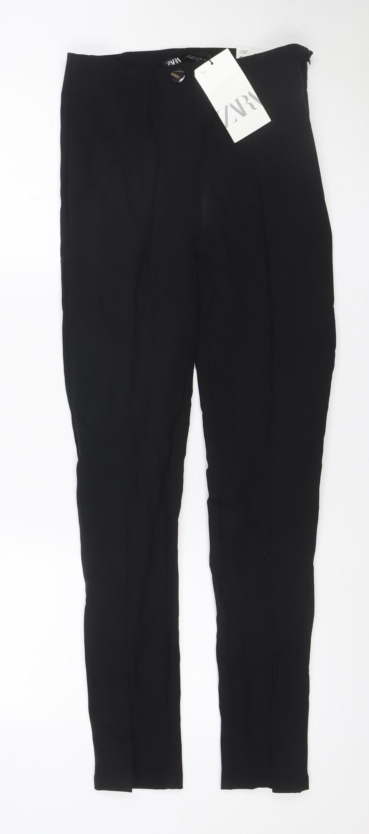 Zara Women Black S Polyamide Stretch Skinny Leggings Button Zip NWT