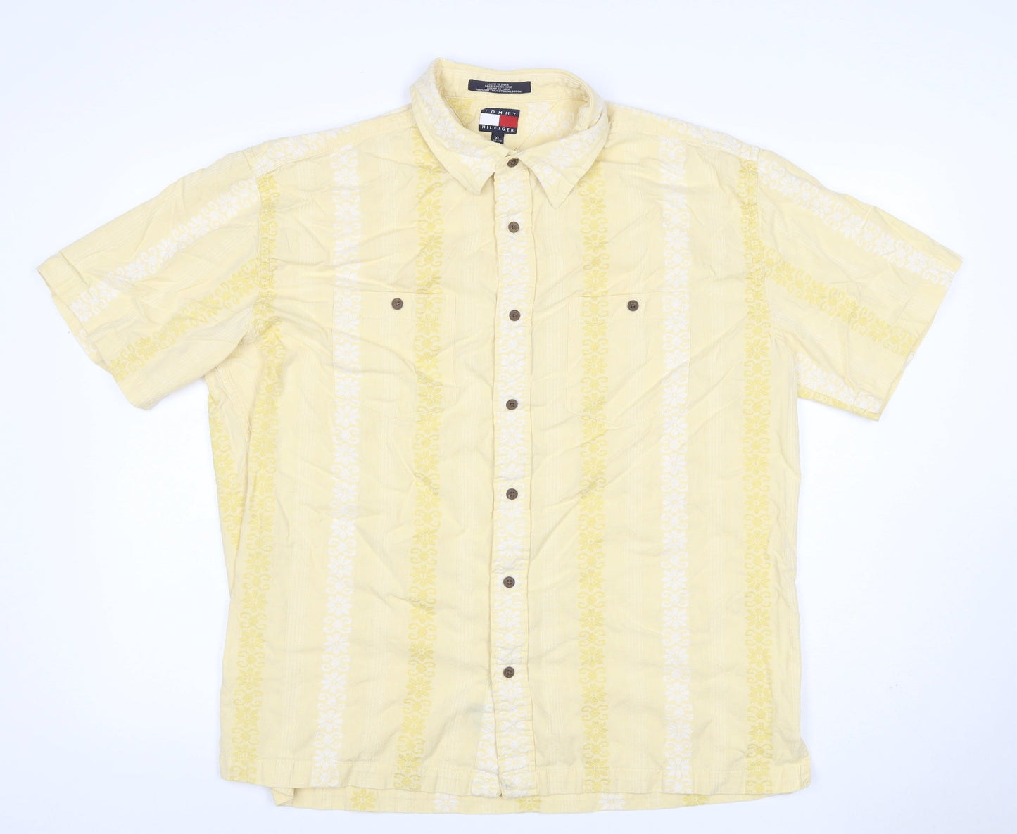 Tommy Hilfiger Men's Yellow XL Floral Short Sleeve Cotton Shirt