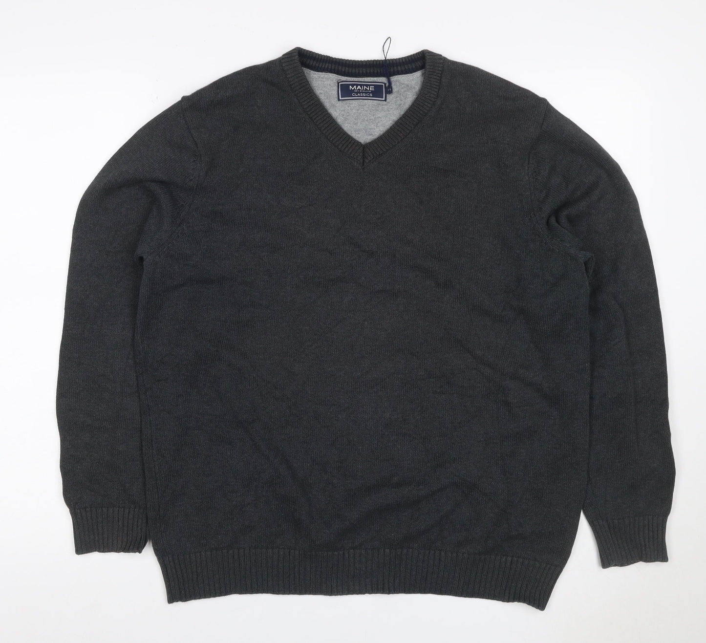Maine New England Men Grey M V-Neck Cotton Knit Pullover Jumper
