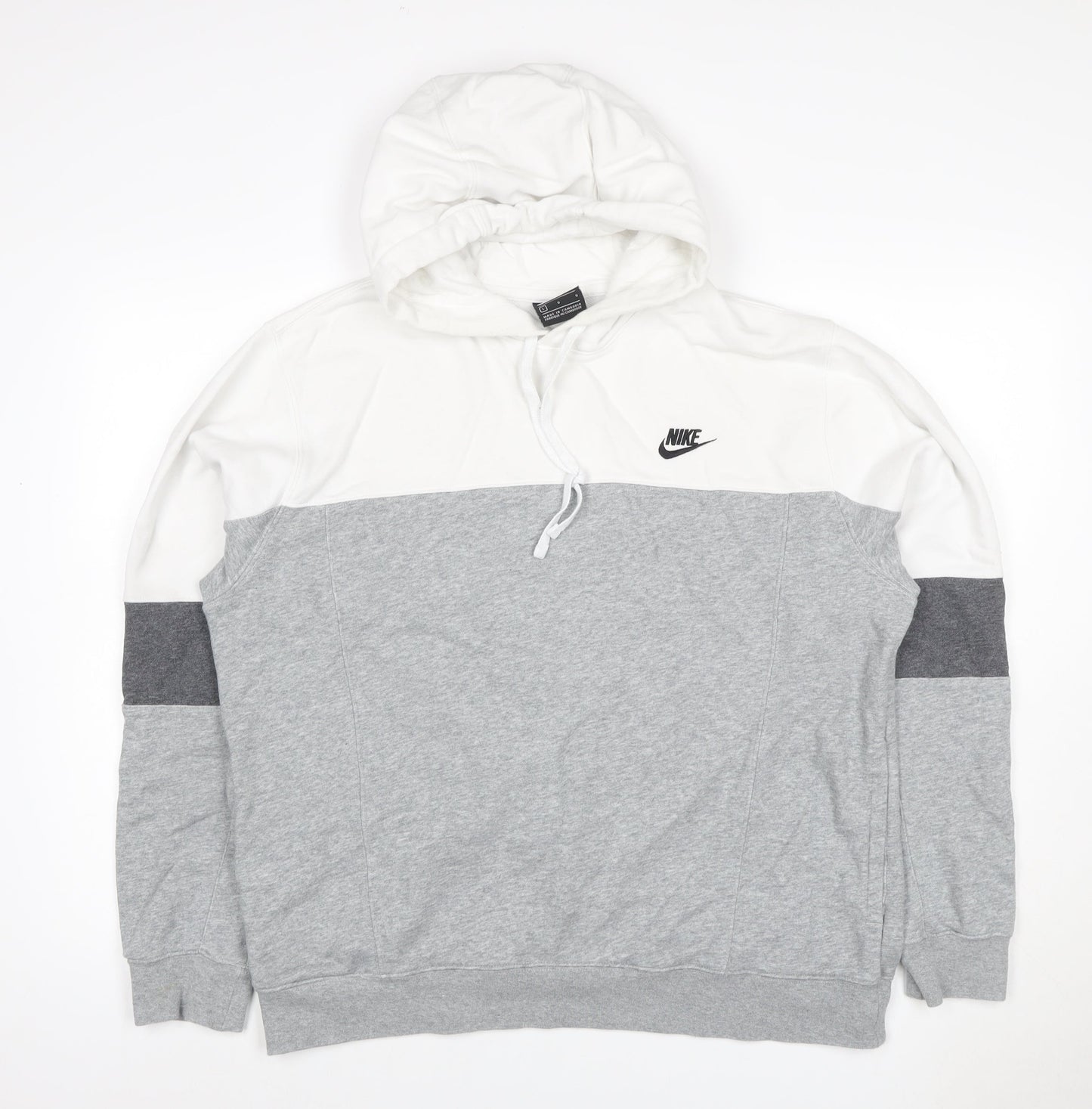 Nike Men's Grey White Colour Block Pullover Hoodie L Logo Pockets