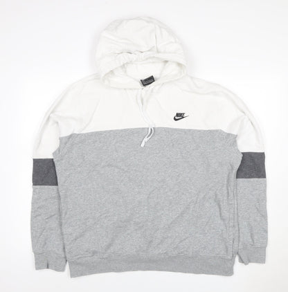 Nike Men's Grey White Colour Block Pullover Hoodie L Logo Pockets