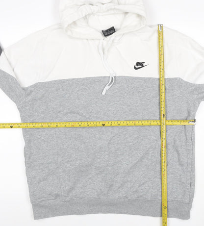Nike Men's Grey White Colour Block Pullover Hoodie L Logo Pockets